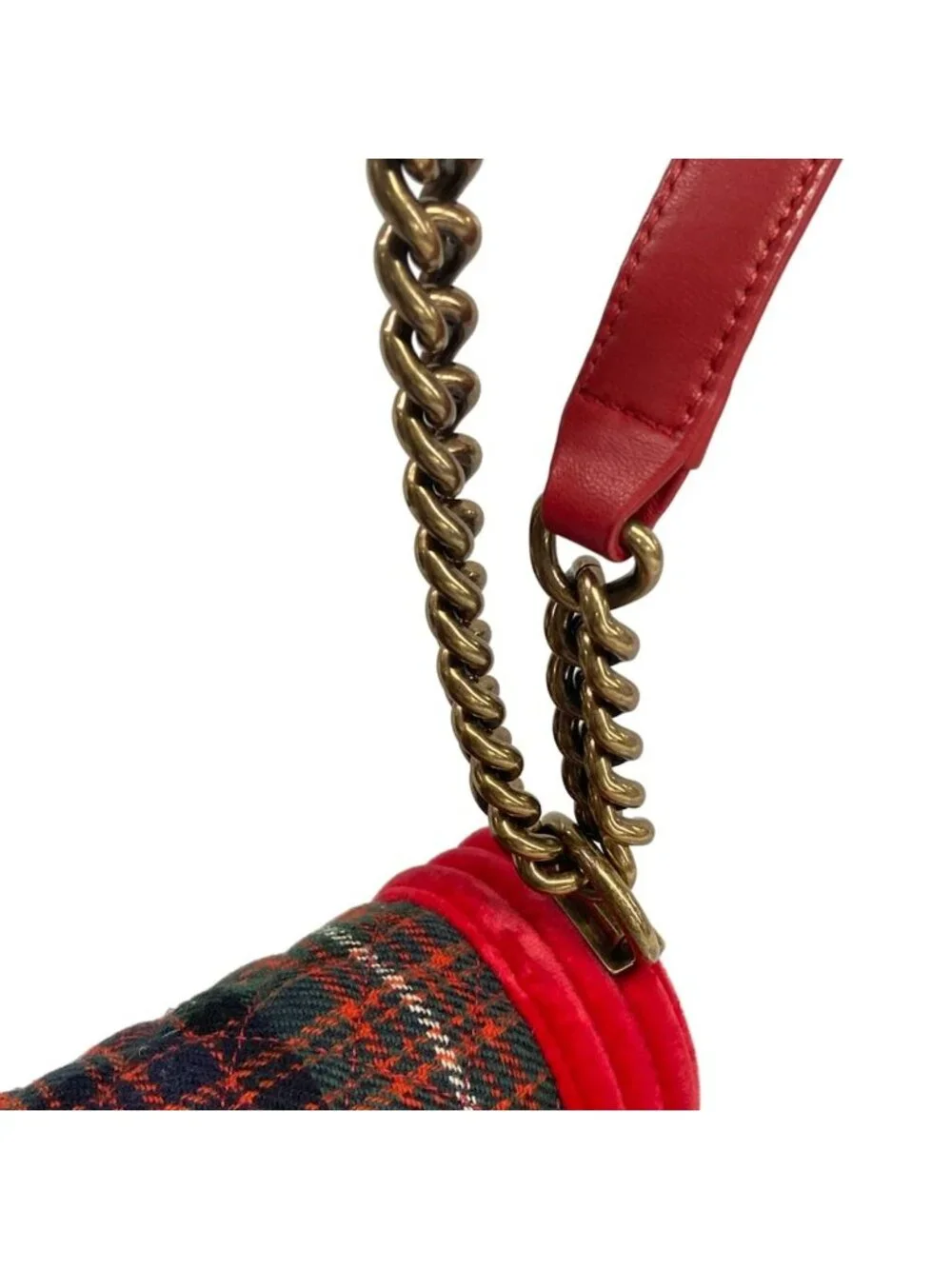 Chanel Shoulder Bag Boy Red Green Dark Navy Plaid Vintage Gold Chain